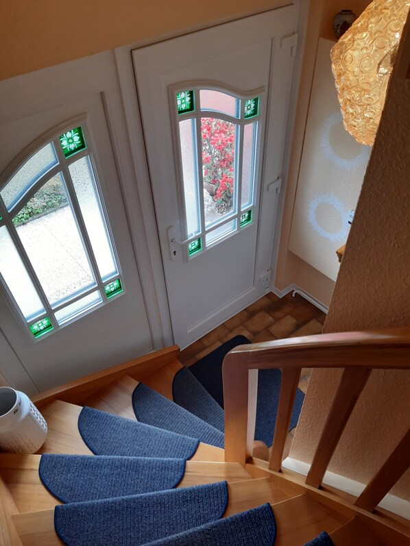 Una escalera con peldaños alfombrados en azul que llevan a una puerta con dos ventanas.