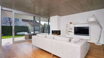 Smart-TV, Kamin, Bücher, Stereoanlage