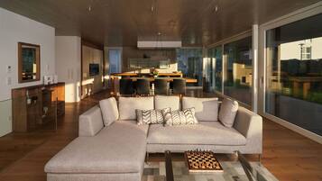 Smart TV, fireplace, books, stereo