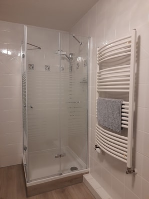 Dusche, Haartrockner, Handtücher, Seife