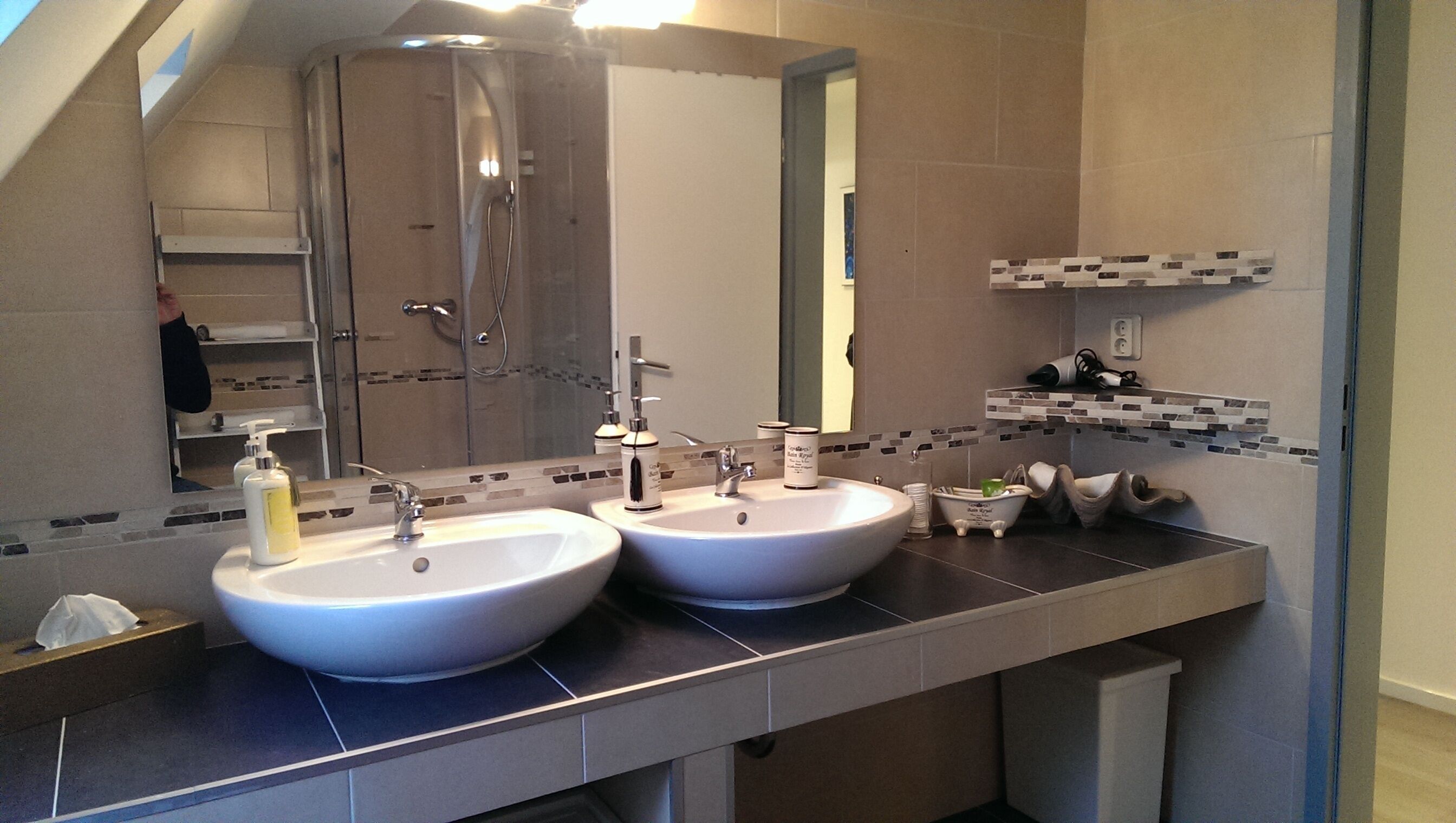 Douche, sèche-cheveux, savon, papier toilette