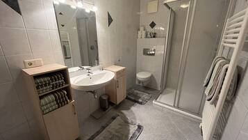 Shower, hair dryer, towels, toilet paper