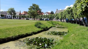 A park with a grassy area, a pond with lily pads, and trees. - «Het Fitschhuisje» Cozy cottage in the park "De Kreek" - Free Wi-Fi (Bruinisse)