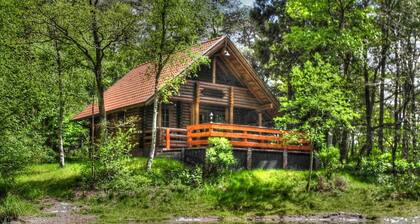 Romantisches Blockbohlenhaus an einem kleinen idyllischen Waldsee