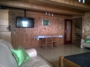 Televisor, llar de foc, reproductor de DVD i futbolí 