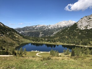 A mountain landscape with a lake, forested hills, and snow-capped peaks. - New holiday home in the mountains, Bad Mitterndorf, Sonnenalm (Bad Mitterndorf)