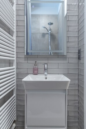 Shower, hair dryer, towels