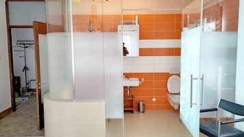 Douche, sĂšche-cheveux, serviettes fournies, savon