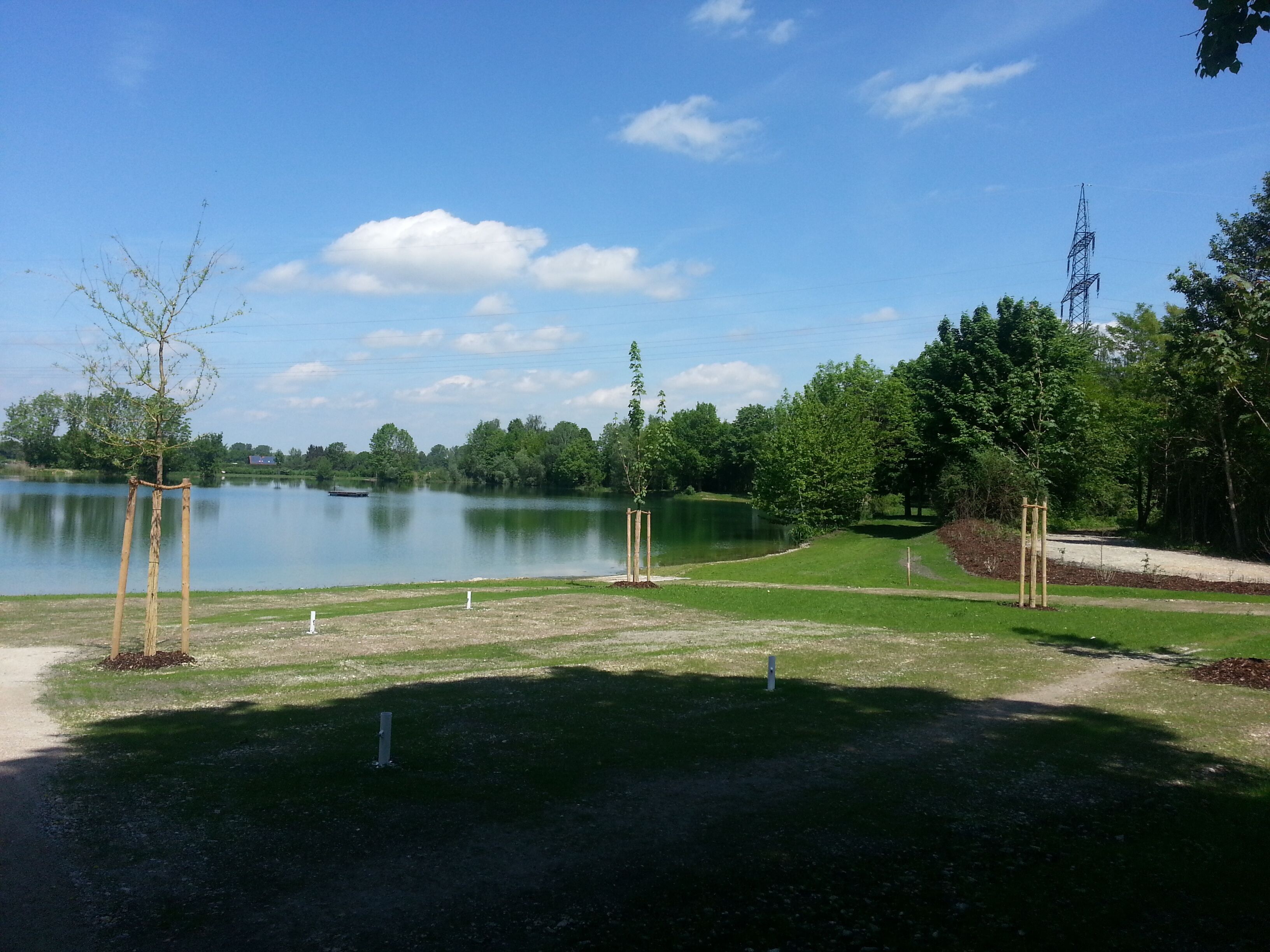 Eine friedliche Seelage mit blauem Himmel, ruhiger See und einer grünen Fläche mit Bäumen und einer hölzernen Struktur.