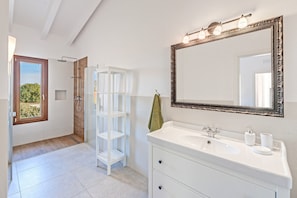 Shower, hair dryer, towels