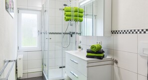 Shower, hair dryer, towels