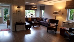 Televisio, takka, DVD-soitin, kirjoja