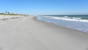 Ein Strand mit blauem Himmel und ruhiger See.