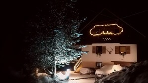 A house with a snow-covered roof, a staircase leading to the entrance, and a deer head decoration on the wall. - Best starting point for bikers, hikers, mushroom and nature lovers in the national park  (Bohinj -Koprivnik)