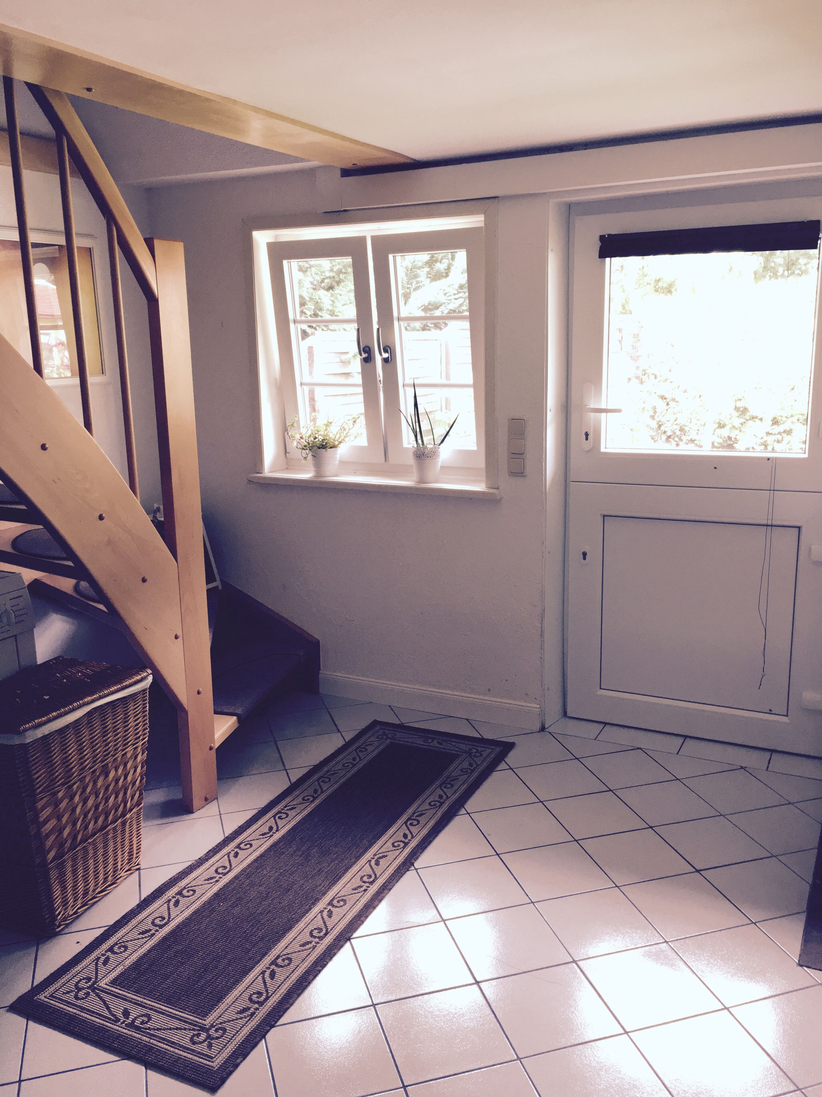 A staircase leading to a landing with a door and windows.