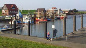 A harbor with boats docked, a pedestrian path, and buildings in the background.
