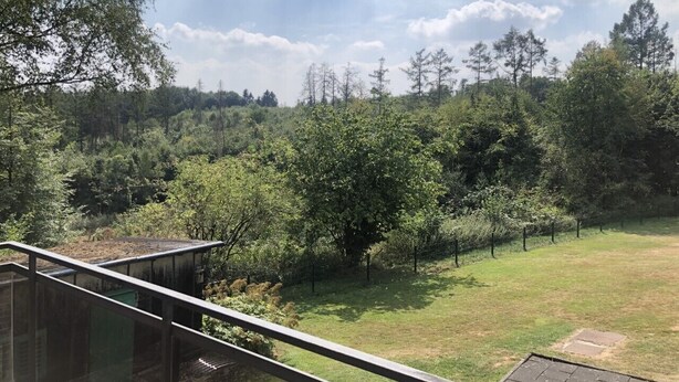 Une vue depuis un balcon donnant sur un espace verdoyant, avec des arbres et une clôture.