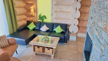 Televisión, chimenea, reproductor de DVD y tenis de mesa