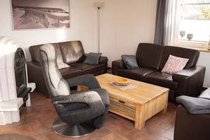 Televisio, takka, DVD-soitin, kirjoja