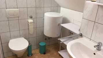 Dusj, hårføner, håndklær og toalettpapir