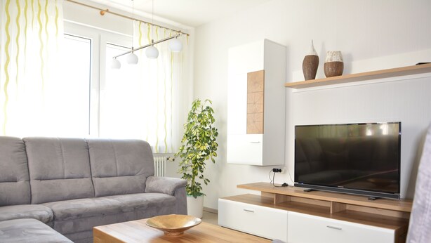 Un salon moderne avec un canapé gris, une table basse en bois, une plante en pot, un téléviseur à écran plat posé sur un meuble en bois et un buffet blanc.