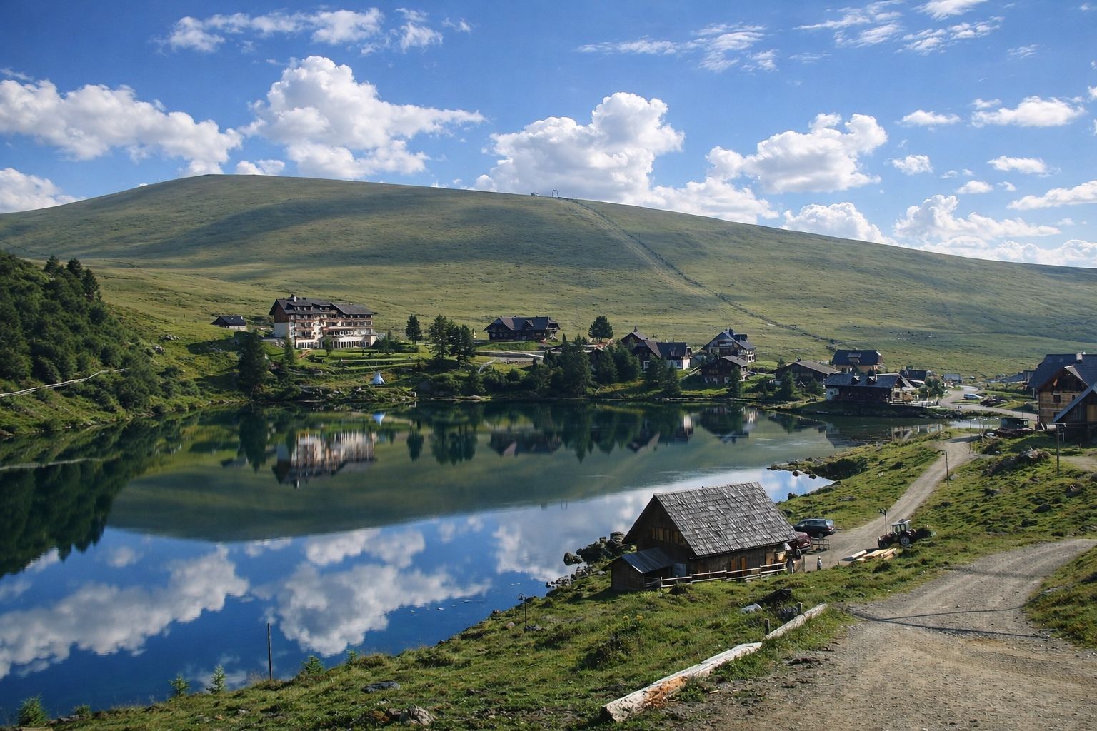 A lakeside village with houses, a clear sky, and a calm lake.