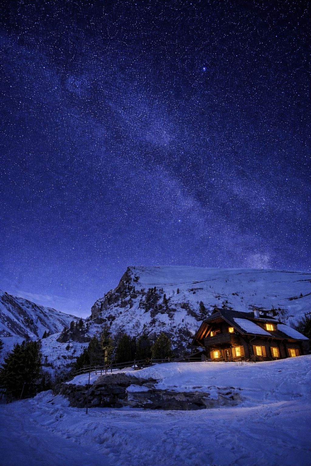 Ein mit Schnee bedeckter Berg mit einer hölzernen Blockhütte, beleuchtet von warmem Licht.