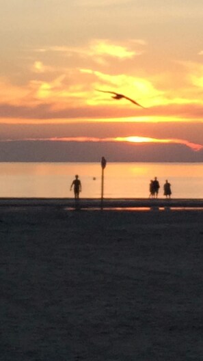 A beach scene with a sunset, silhouettes of people, and a bird flying. - Vacation home in Dorf - beach chair on the beach and at the house (Sankt-Peter-Ording)