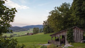 Une structure rustique en bois, située dans un champ verdoyant, avec en arrière-plan des collines et des arbres.