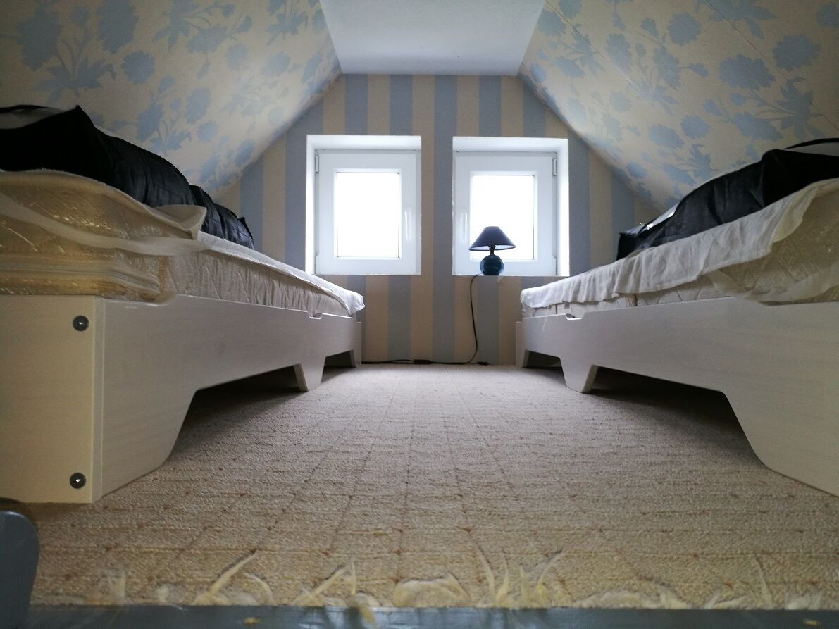 A room with two beds, a carpeted floor, and a window with a lamp.