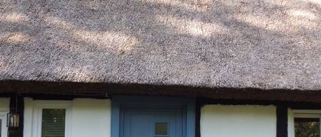 A thatched-roof cottage with a blue door, a small window with shutters, and two lanterns on the brick steps.