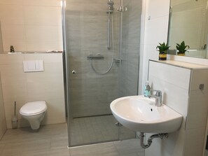 Dusche, Haartrockner, Handtücher, Seife