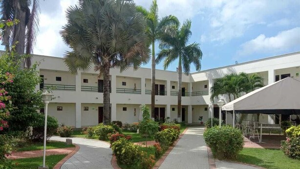 A courtyard with a paved walkway, palm trees, and a building with multiple balconies. - Hotel La Via (Cartagena)