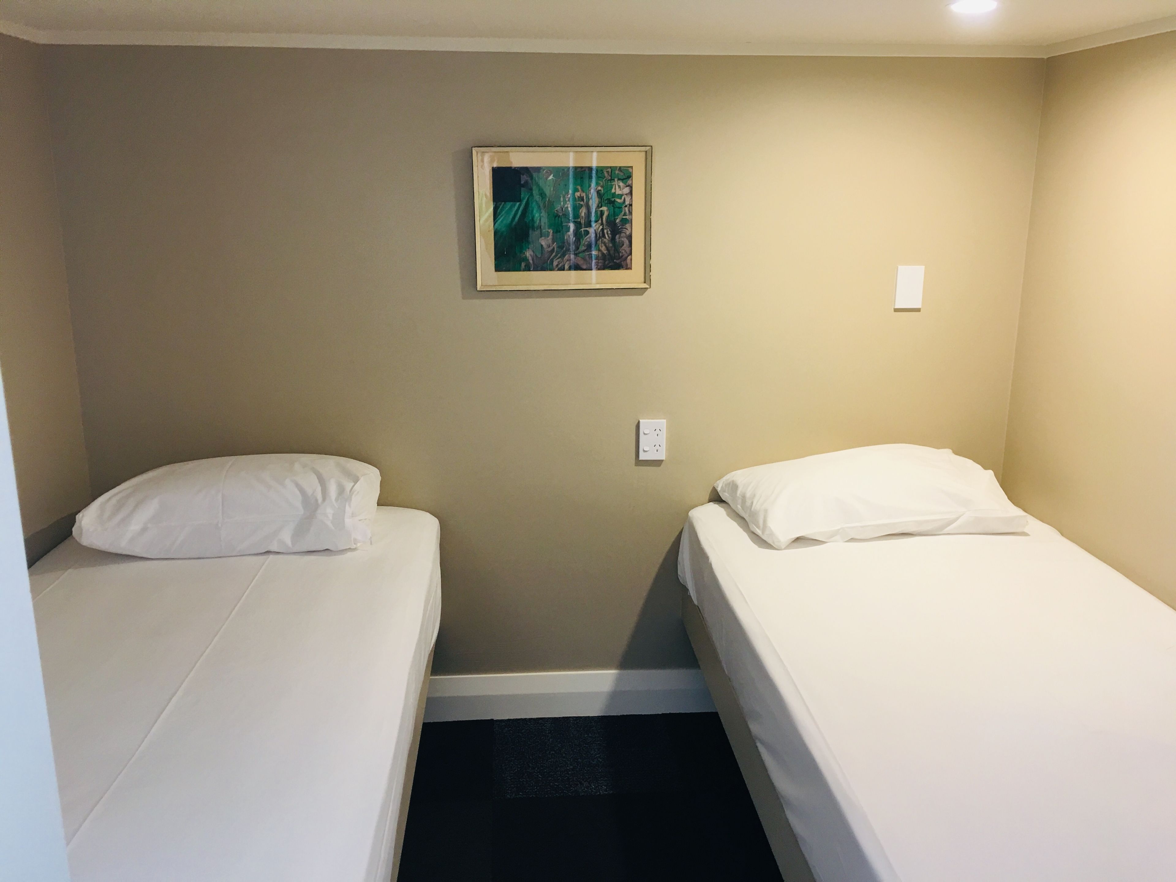 A small, clean room with two single beds, a wall-mounted power outlet, and a framed picture on the wall.