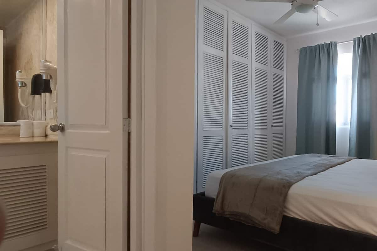 Une chambre à coucher avec un lit, une lampe de chevet, un ventilateur de plafond et une fenêtre avec des rideaux.