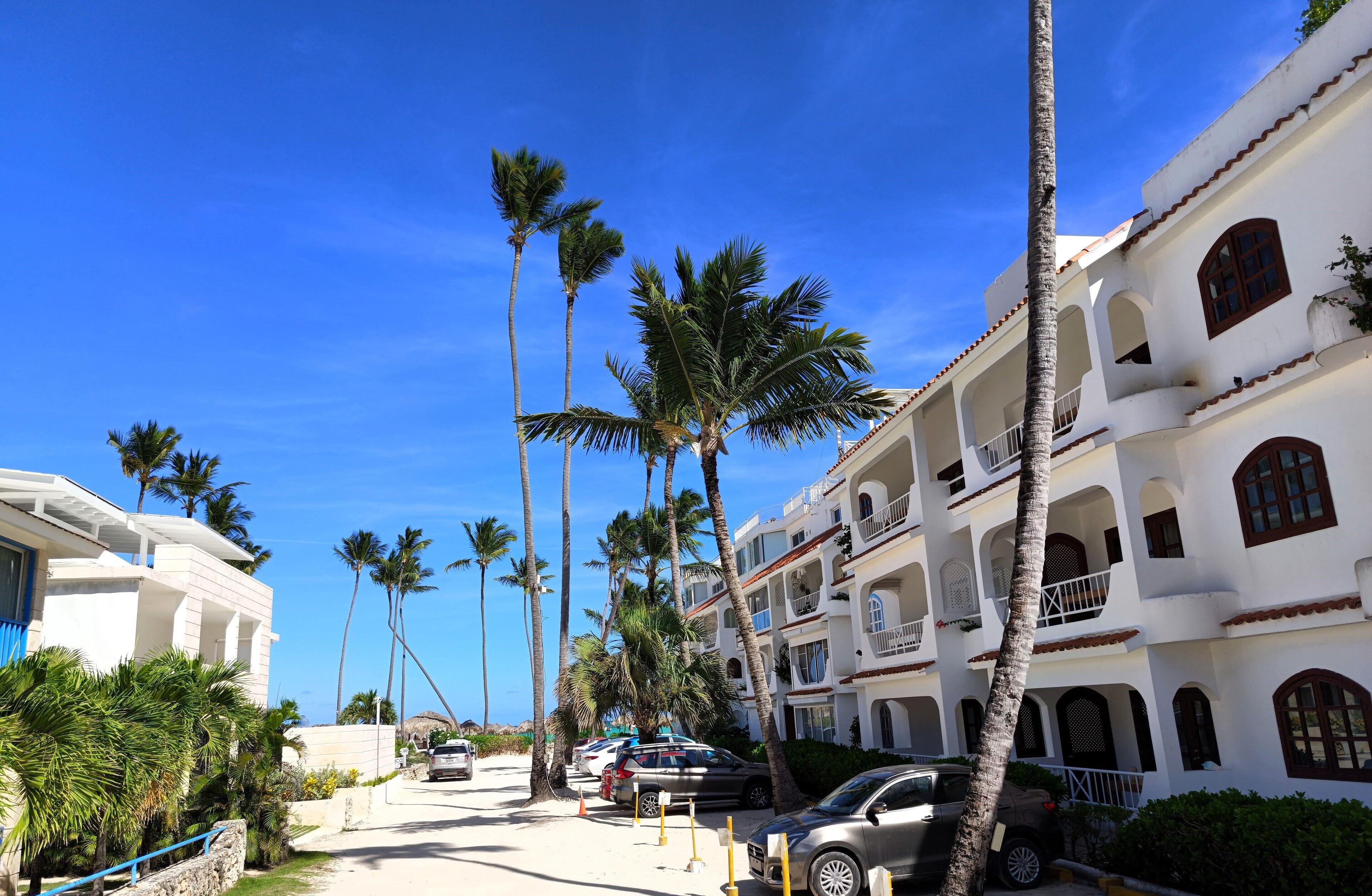 A white building with balconies and palm trees, parked cars, and a clear blue sky.