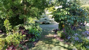 A garden pathway surrounded by various plants and trees. - Matai Huka Boutique Accommodation (Paraparaumu)