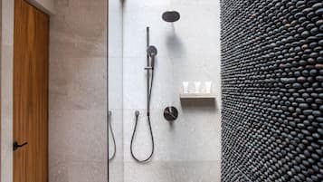 A modern shower area with a rain showerhead, handheld showerhead, and a wall-mounted control panel.