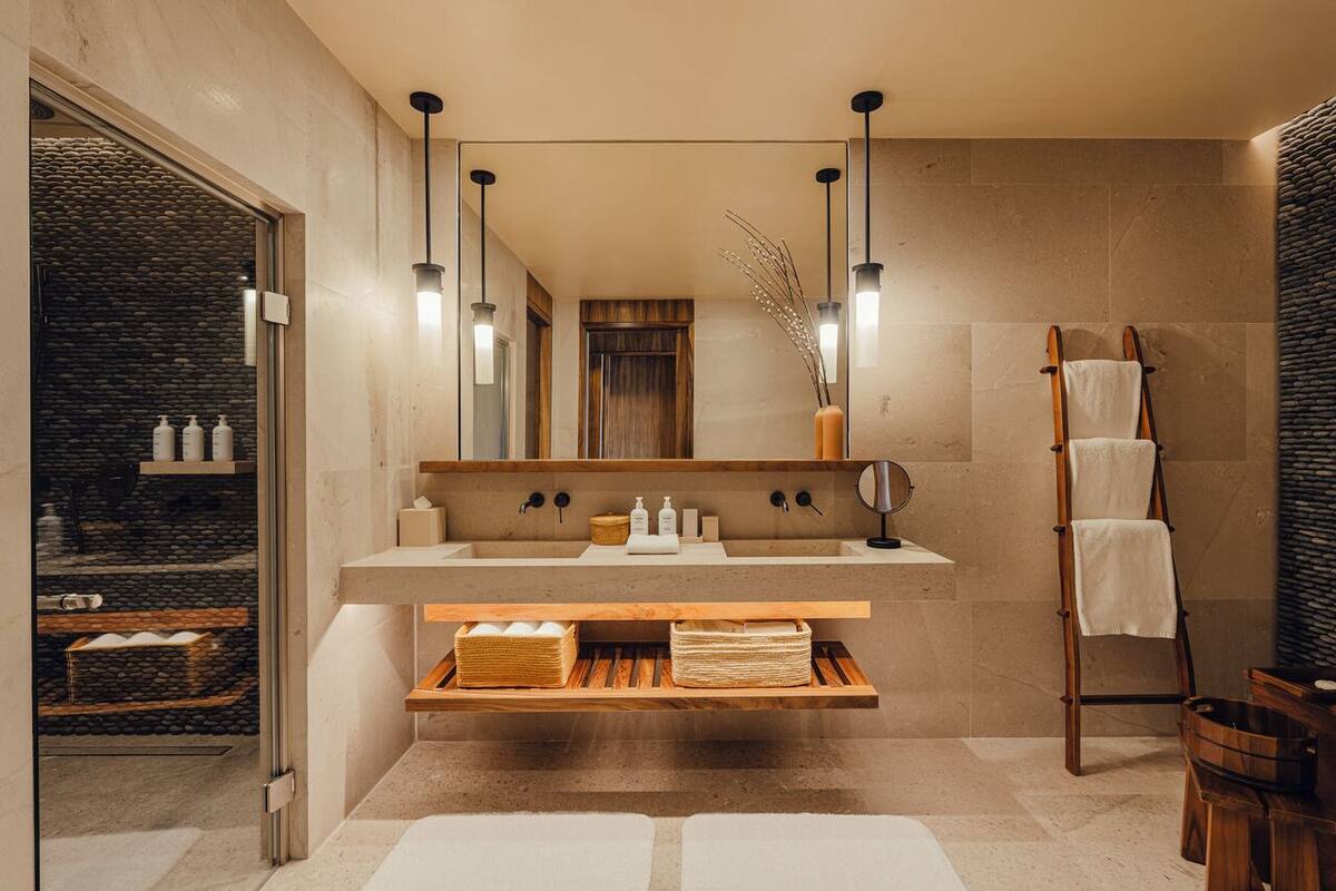 kogane penthouse 4 bedrooms at nobu residences | bathroom | combined shower/bathtub, jetted bath, designer toiletries, hair dryer
