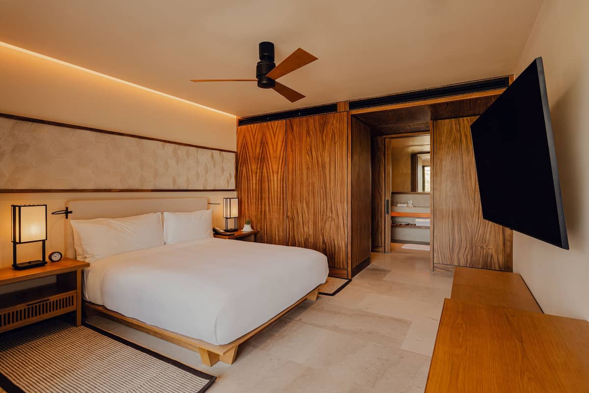 A modern hotel room with a large bed, wooden paneling, a ceiling fan, a flat-screen TV, and a nightstand with a lamp.