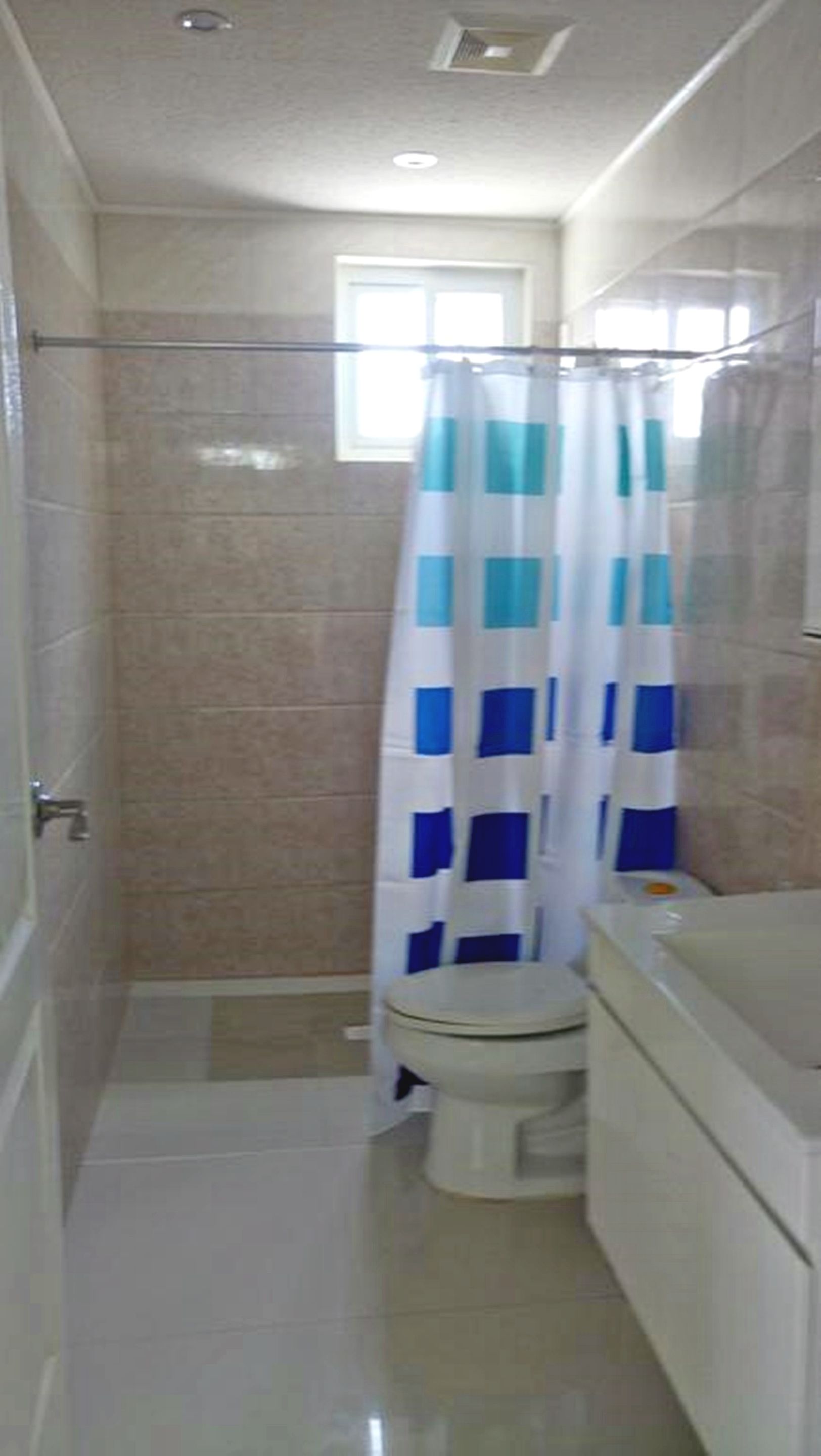 A narrow bathroom with a shower curtain, a toilet, and a sink.