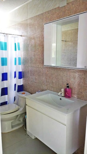 A bathroom with a white sink, a mirror above it, and a shower curtain.