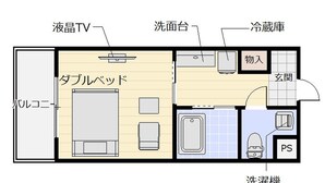 Indeling van een hotelkamer met een bed, televisie, wastafel, toilet en een klein badkamertje.