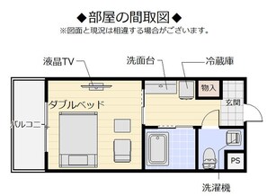 A hotel room layout with a bed, TV, washbasin, toilet, and a small bathroom area.
