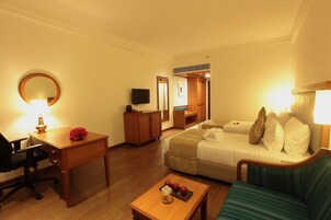 Habitación de hotel con escritorio, una silla, cama, sofá, televisor y espejo.