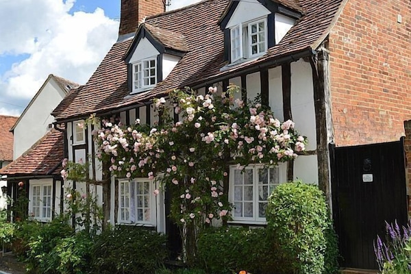 Drake Cottage - rose in bloom and side gate to courtyard garden.