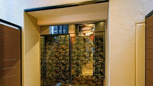 Un ascensor de cristal con vista a una escalera y al exterior de un edificio con diseño decorativo.