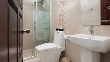 Shower, free toiletries, hair dryer