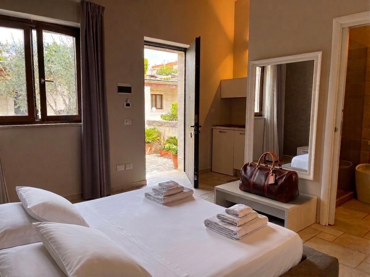 Quarto de hotel com cama, banheiro e vista para o exterior.