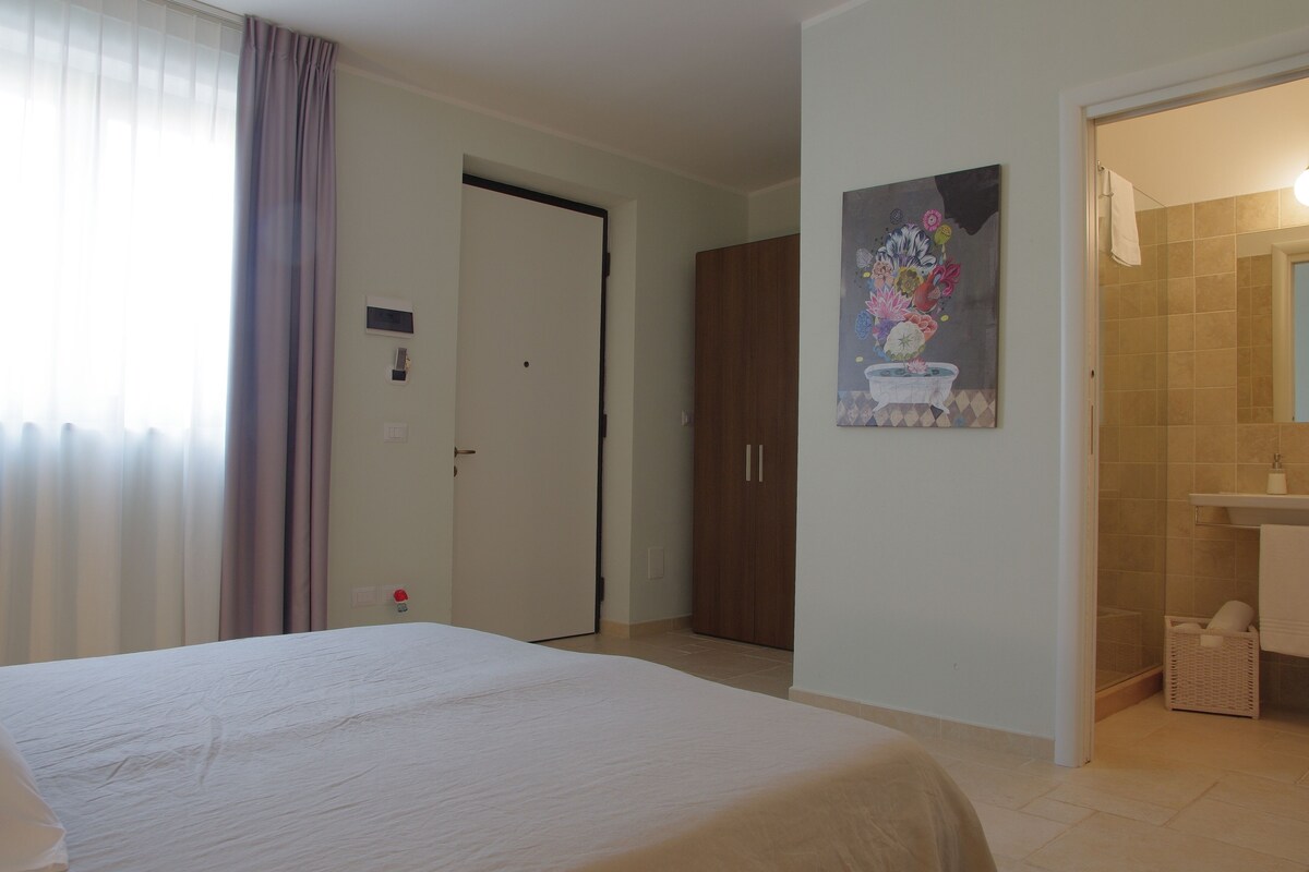 A hotel room with a bed, a door, a wardrobe, a painting, and a bathroom with a shower.